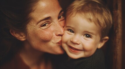 Mother kisses child smiling in close-up during a warm moment in a cozy indoor setting