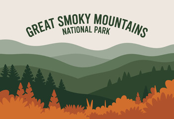 Idyllic Illustration of Great Smoky Mountains National Park with Layered Green Hills and Warm Autumn Hues