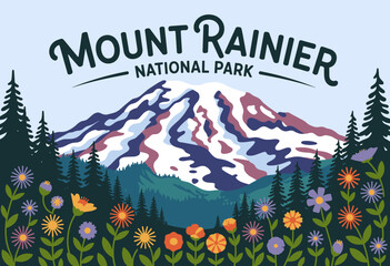 Colorful Illustration of Mount Rainier National Park with Vibrant Wildflowers and Lush Forest in Whimsical Style