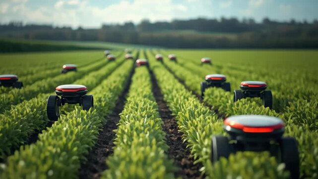 Autonomous robot harvesting leafy crop rows in field at sunrise for precision agriculture efficiency