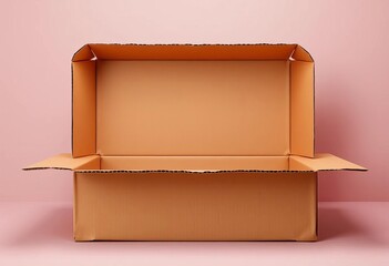 Empty brown cardboard box, flaps open, revealing interior emptiness, orderly, texture
