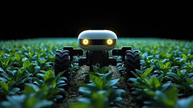 Robotic agricultural night crop seedling scout with glowing LED lights tending field tractor eyes