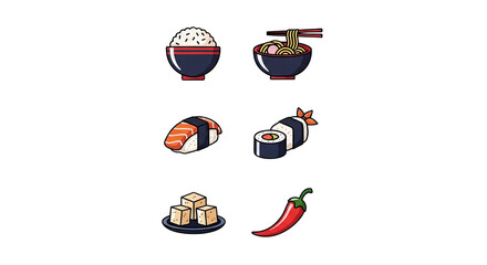 Asian Cuisine Food Icons Set Sushi Ramen Rice Tofu Chili