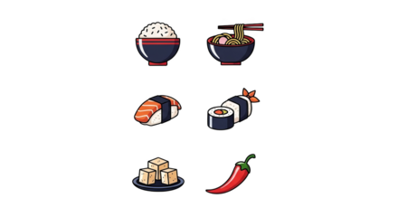 Asian Cuisine Food Icons Set Sushi Ramen Rice Tofu Chili