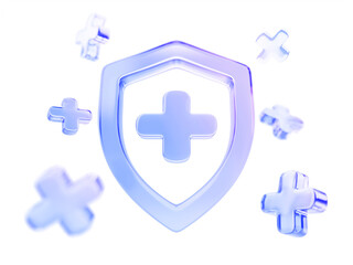 Obraz premium 3d glass holographic medical shield icon with plus cross signs floating on blue background. Health insurance protection badge. Healthcare safety emblem for hospital or pharmacy design