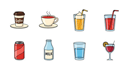 Cartoon Drink Icons Collection Coffee Tea Juice Milk Water