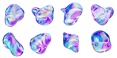 Fototapeta premium 3d liquid glass holographic drops set. Abstract blobs with pink purple turquoise blue gradient, iridescent heart, shell shape. Bright fluid elements, glossy bubbles isolated on black