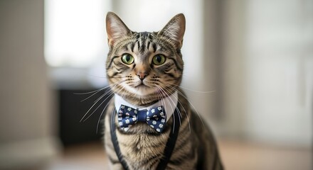 Adorable tabby cat wearing stylish bowtie looking directly into camera with bright green eyes