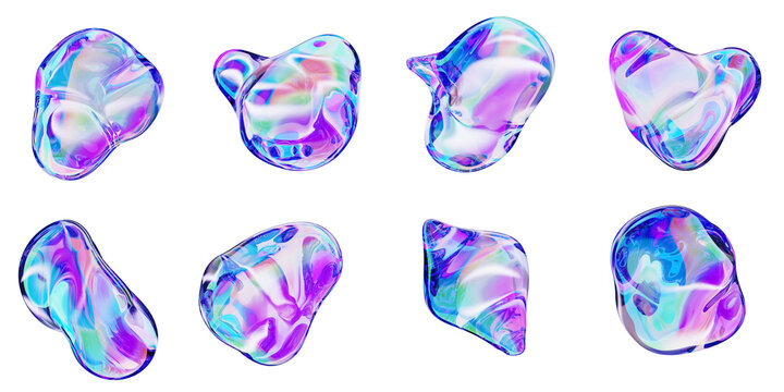 3d liquid glass holographic drops set. Abstract blobs with pink purple turquoise blue gradient, iridescent heart, shell shape. Bright fluid elements, glossy bubbles isolated on black