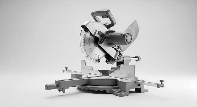A high-quality studio shot of a miter saw, a woodworking tool for precise angled cuts, displayed on a white background