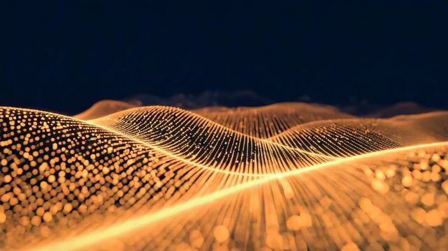 Abstract glowing data wave of light bokeh with blue orange digital particle motion and depth