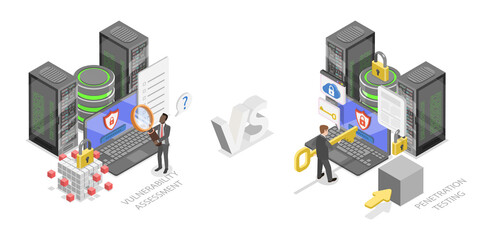 Obraz premium 3D Isometric Flat Illustration of Mulnerability Testing, Teamwork And Data Management For Cyber Threats With Digital Security Solutions