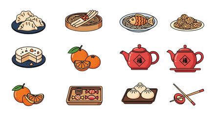 Chinese New Year Food Cultural Icons Set