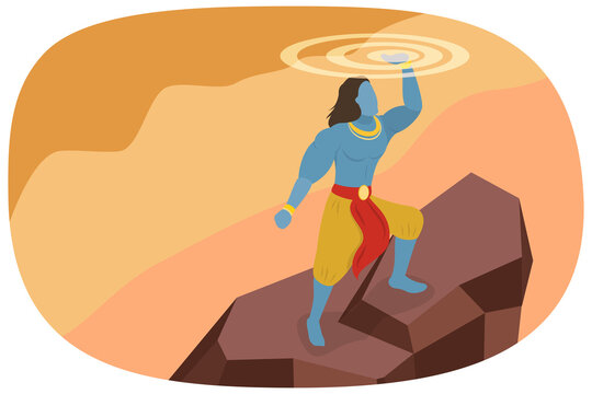 3D Isometric Flat  Illustration of Vishnu, Hindu God Lord Krishna Holding Sudarshan Chakra In Indian Mythology