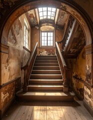 A stately wooden staircase leads to a sunlit landing within a weathered, aged building, archway framing the scene