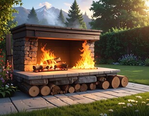 A stone outdoor fireplace blazes in a lush green garden with distant mountains under a bright, sunny sky