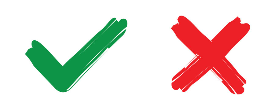 Brush painted tick and cross. Hand drawn check mark symbol. Transparent PNG and vector illustration
