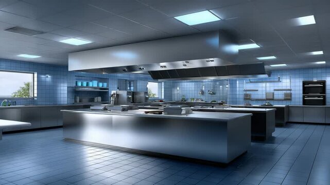 Modern kitchen with stainless steel surfaces and blue tile walls suitable for cooking activities in a restaurant setting
