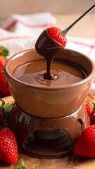 A strawberry being dipped into a pot of chocolate fondue, with a light and warm background
