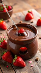 A strawberry dipped in dark chocolate fondue, on rustic wooden surface, with scattered berries and tiny hearts
