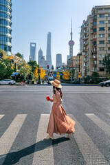 Tourists sightseeing around Shanghai city, China.