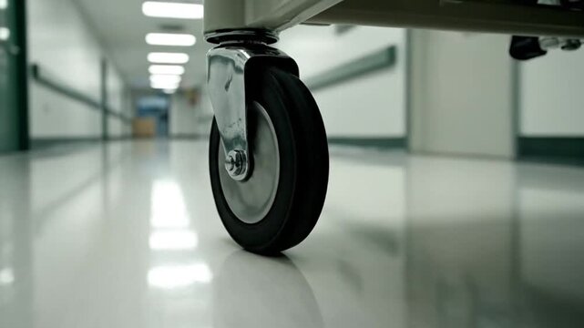 A medical cart caster wheel rolls slowly down a long, sterile hospital corridor. The low perspective captures the glossy floor reflecting the bright fluorescent lights.