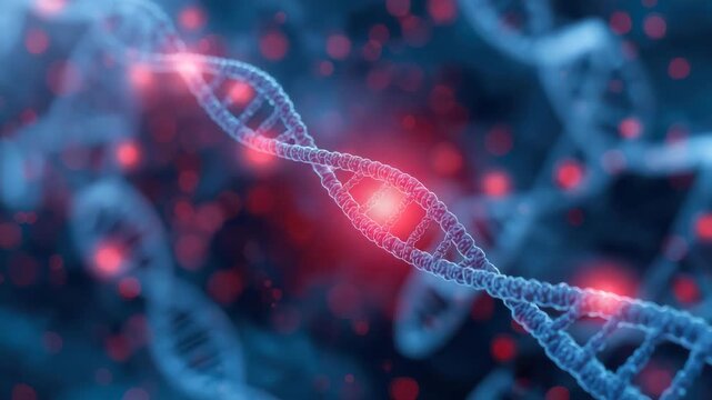 Glowing DNA double helix strand with red mutation highlights in microscopic molecular view