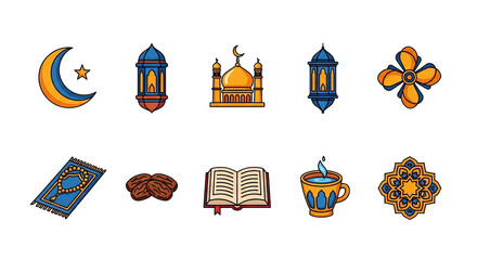 Islamic Ramadan Eid Mubarak Icons Set Mosque Lantern Quran