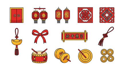 Lunar New Year Decorations And Symbols Icon Set