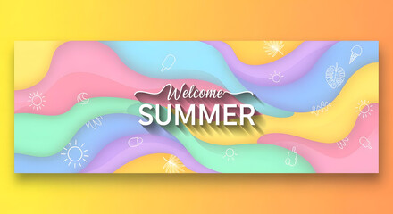 Vibrant and colorful banner design featuring a wavy abstract background with the text 'Welcome Summer' and various summer-themed icons