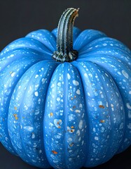 A striking blue pumpkin with a patterned surface and prominent stem, against a dark grey background, close-up shot