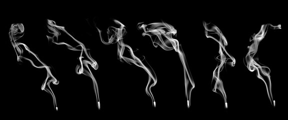Fototapeta premium White incense smoke isolated on black background, flowing abstract curves with soft texture. Perfect for meditation themes, aroma concepts, mystery design, overlays, and atmospheric visual effects.