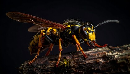 A striking close-up shot of a wasp perched on textured bark against a dark backdrop, highlighting its yellow stripes