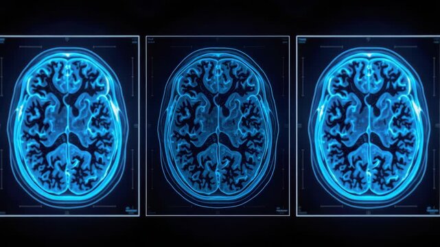 Axial brain MRI scan showing detailed cerebral cortex and ventricles with cross sectional blue