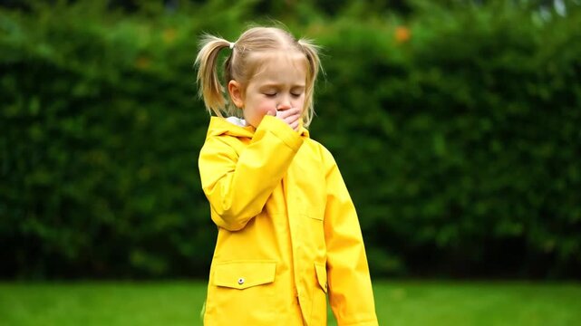 A little girl in a yellow raincoat stands outside, looking up to catch raindrops on her tongue, moving from anticipation to a playful reaction to the falling water.