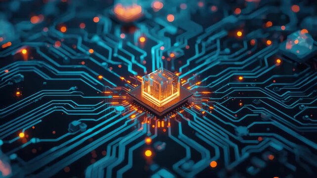 Glowing central processor cube with circuit pathways glowing microchip network and warm lights