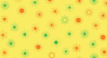 Fun and energetic seamless pattern of stylized, hand-drawn sunbursts and suns in bright orange and green on a vibrant yellow background.
