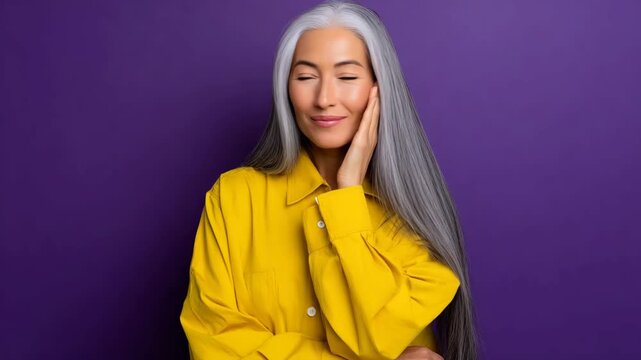 Woman with long gray hair smiles and poses with yellow shirt against purple background in a bright indoor setting