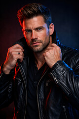 Obraz premium Intense Man Holding Leather Jacket Collar Under Dramatic Red and Blue Lights