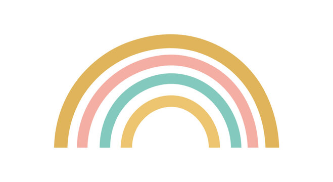 Simple boho-style rainbow illustration with four arches in muted mustard, pink, and teal colors, isolated on white.