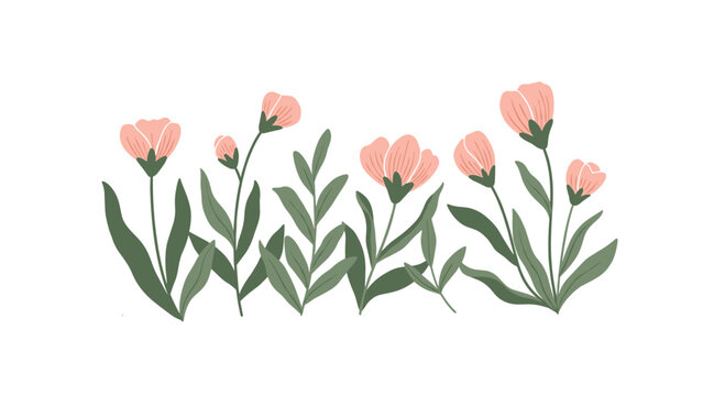 Simple and elegant illustration of a cluster of delicate pink flowers with dark green stems and leaves on a white background.
