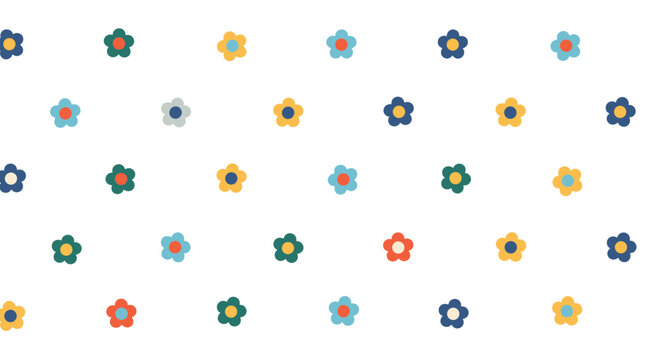 Simple seamless pattern of small, colorful stylized flowers arranged in a neat grid on a clean white background.