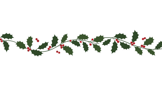 A classic and simple seamless horizontal garland of green holly leaves and red berries isolated on a white background.