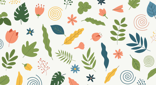 Seamless pattern of colorful, hand-drawn abstract leaves, flowers, and whimsical shapes on a light cream background.