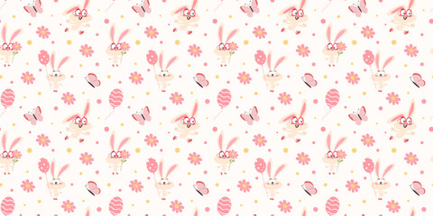 Seamless vector pattern with repeating cartoon bunny characters, flowers and butterflies. Decorative children style illustration with soft pastel colors.