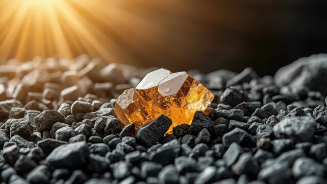 Amber crystal and gemstone glowing on dark pebble bed with warm sunlight reflection