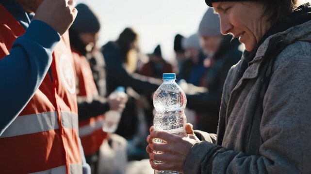 Volunteer in a safety vest distributes bottled water to people in a disaster zone, emphasizing community resilience and humanitarian aid during a crisis under bright sunlight.