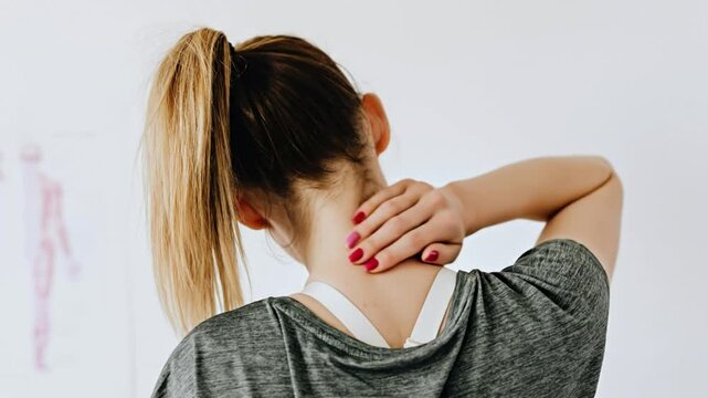 Woman experiencing neck pain while standing against a white wall, viewed from behind.