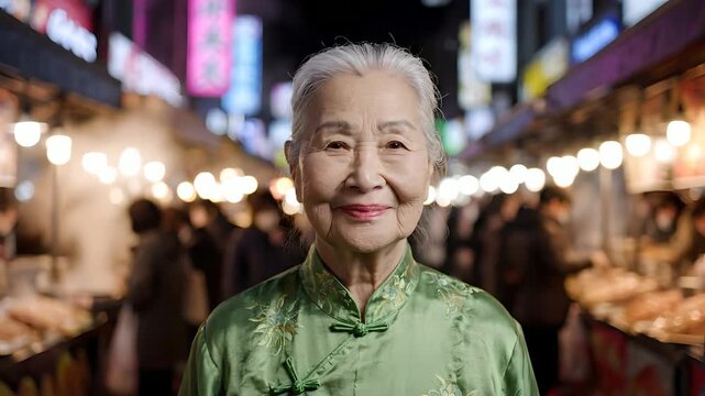 Elderly Asian woman in traditional green qipao smiles warmly at the camera in a bustling night market. Perfect for Chinese New Year, Lunar New Year, cultural heritage, travel, Asian food market,