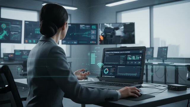 Medium shot of an engineer reviewing predictive maintenance analytics on a laptop optimizing equipment uptime using IoT performance data.